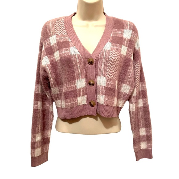 NWT BP Nordstroms Emma Plaid Short Cropped Cardigan Purple/Mauve Sweater - Picture 3 of 7